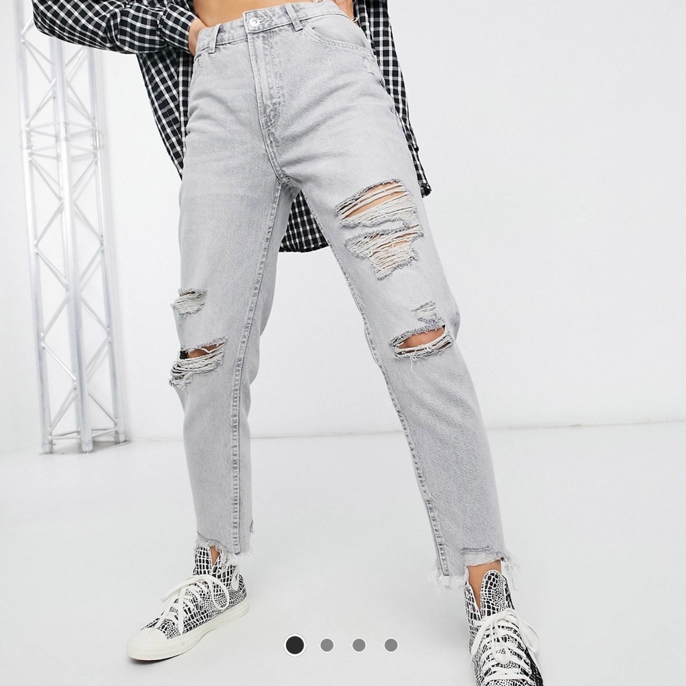 Bershka organic cotton mom jeans with rips and distressed hem in gray,Size 6
